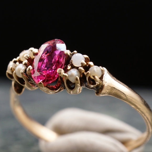 c.1880 Victorian Engagement Ring .52ct 6.5x4mm Natural Ruby Seed Pearls 14k - Picture 10 of 12